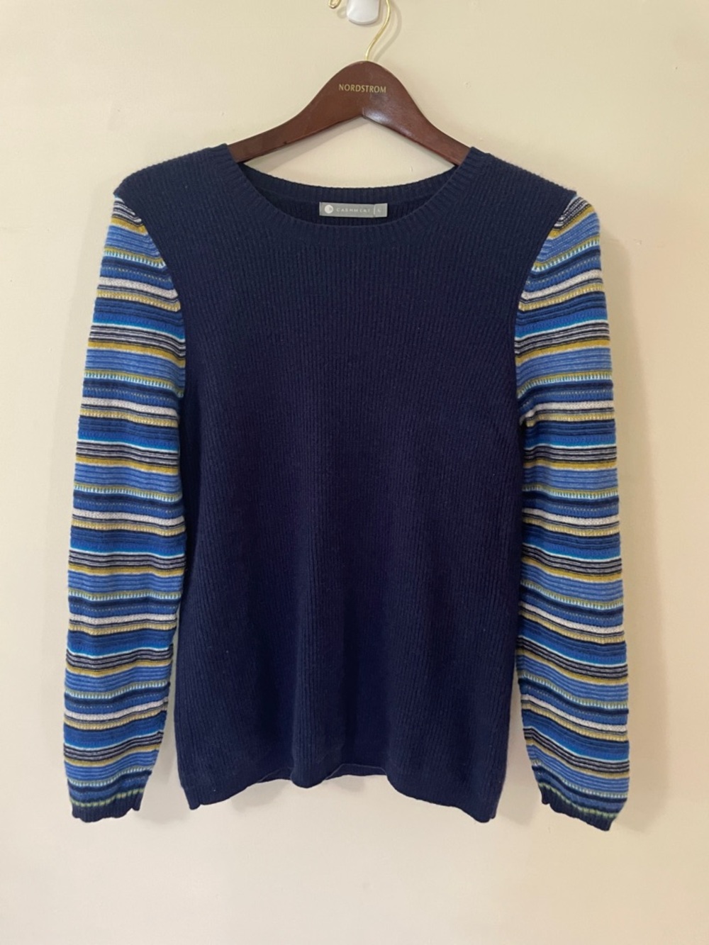 InCashmere Navy Blue Crewneck Sweater with Multicolor Striped Sleeves
